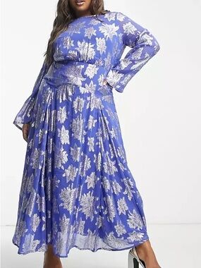 ASOS Curve Blue Maxi Dress with Silver Floral Foil